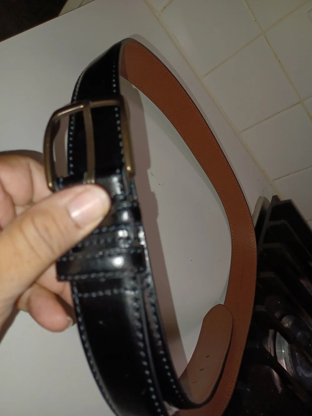 Nwt Men's Warehouseb Black Italian Leather Belt with Brass Buckle